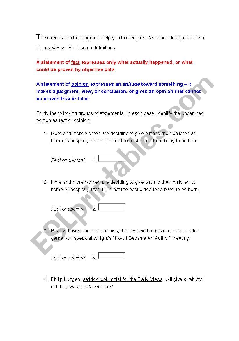 Facts and Opinions worksheet