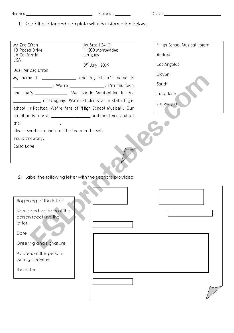 process writing a letter worksheet