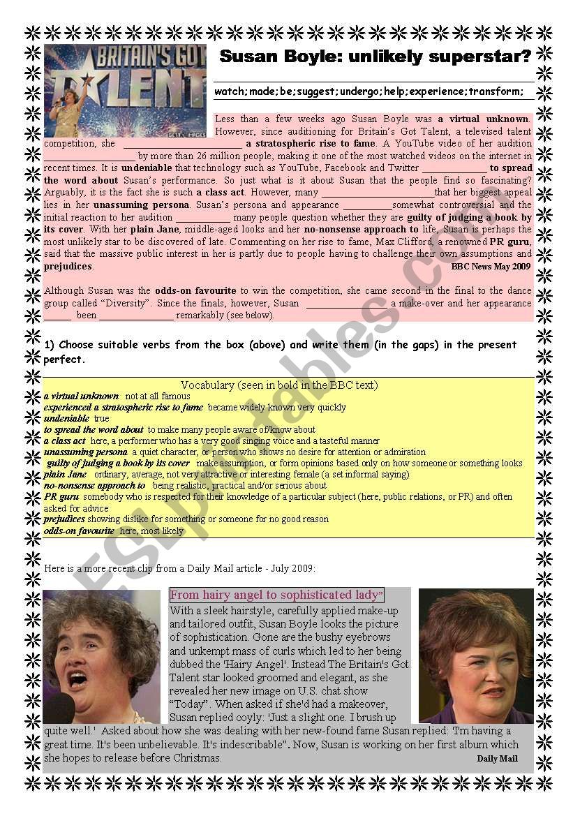 Susan Boyle; Now and then worksheet