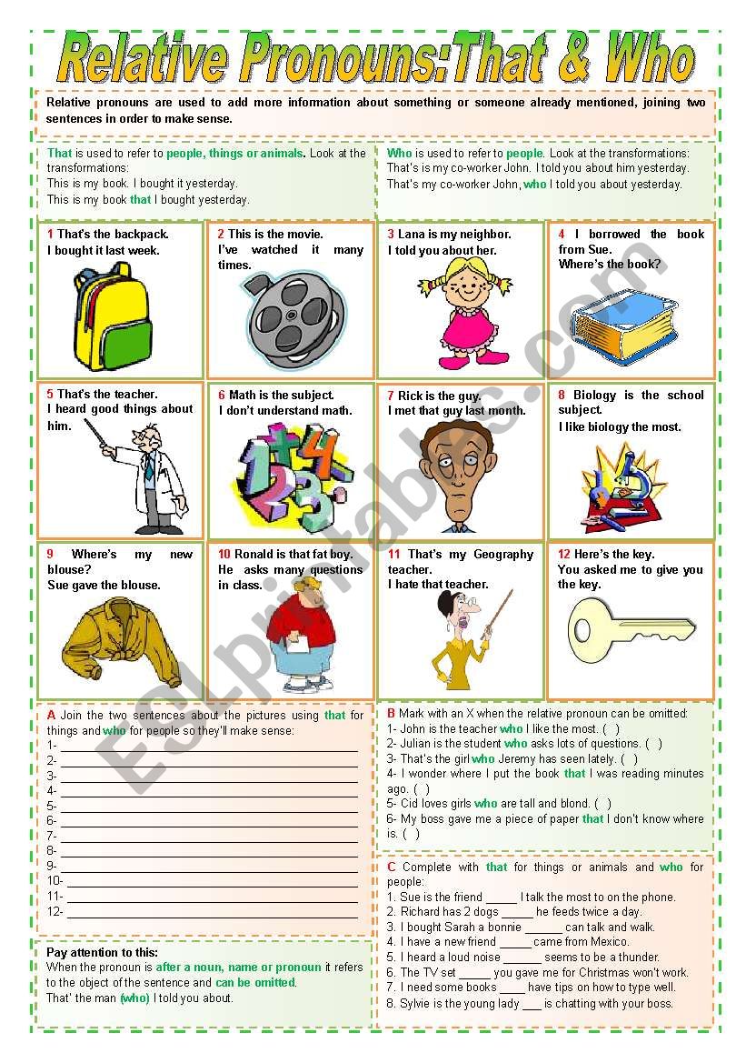 Relative Pronouns: That & Who (completely editable)