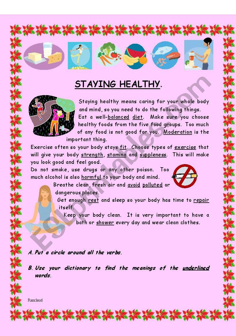 STAYING HEALTHY - (( 3 pages )) - grammar, sentence structure, elementary - editable