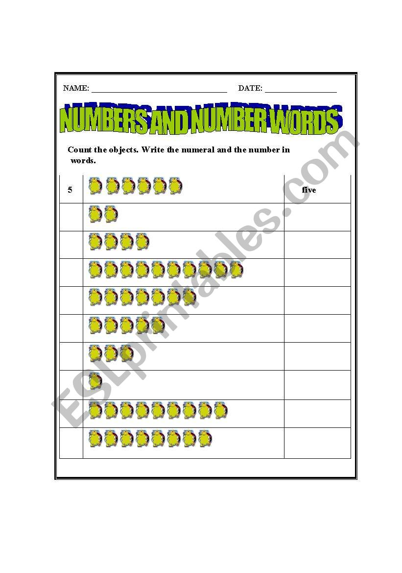 NUMBERS AND NUMBER WORDS worksheet