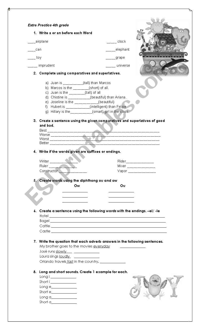 General practice in articles,comparatives,superlatives,endings,diphthongs and vowel sounds