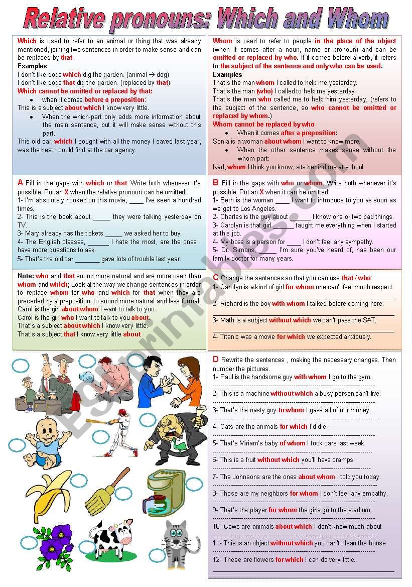 Relative Pronouns: Which and Whom (keys included - completely editable)