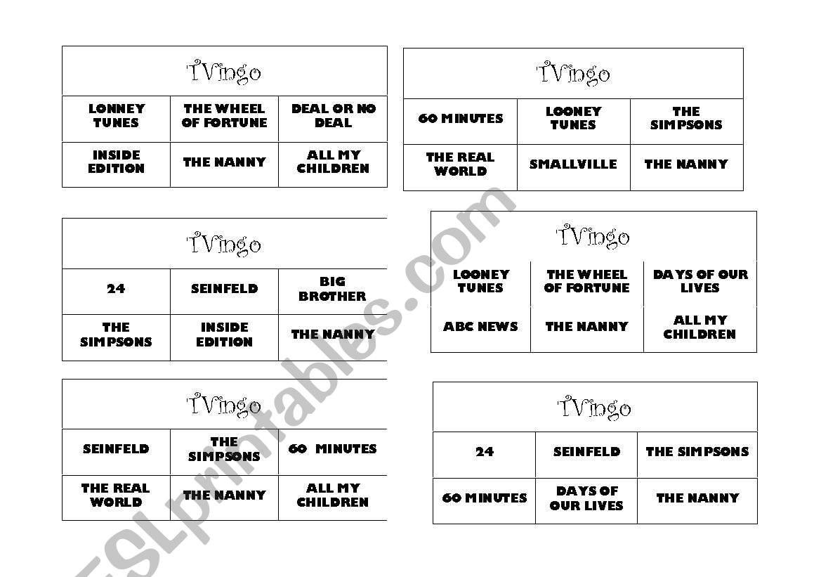 TVingo! TV Shows Bingo worksheet
