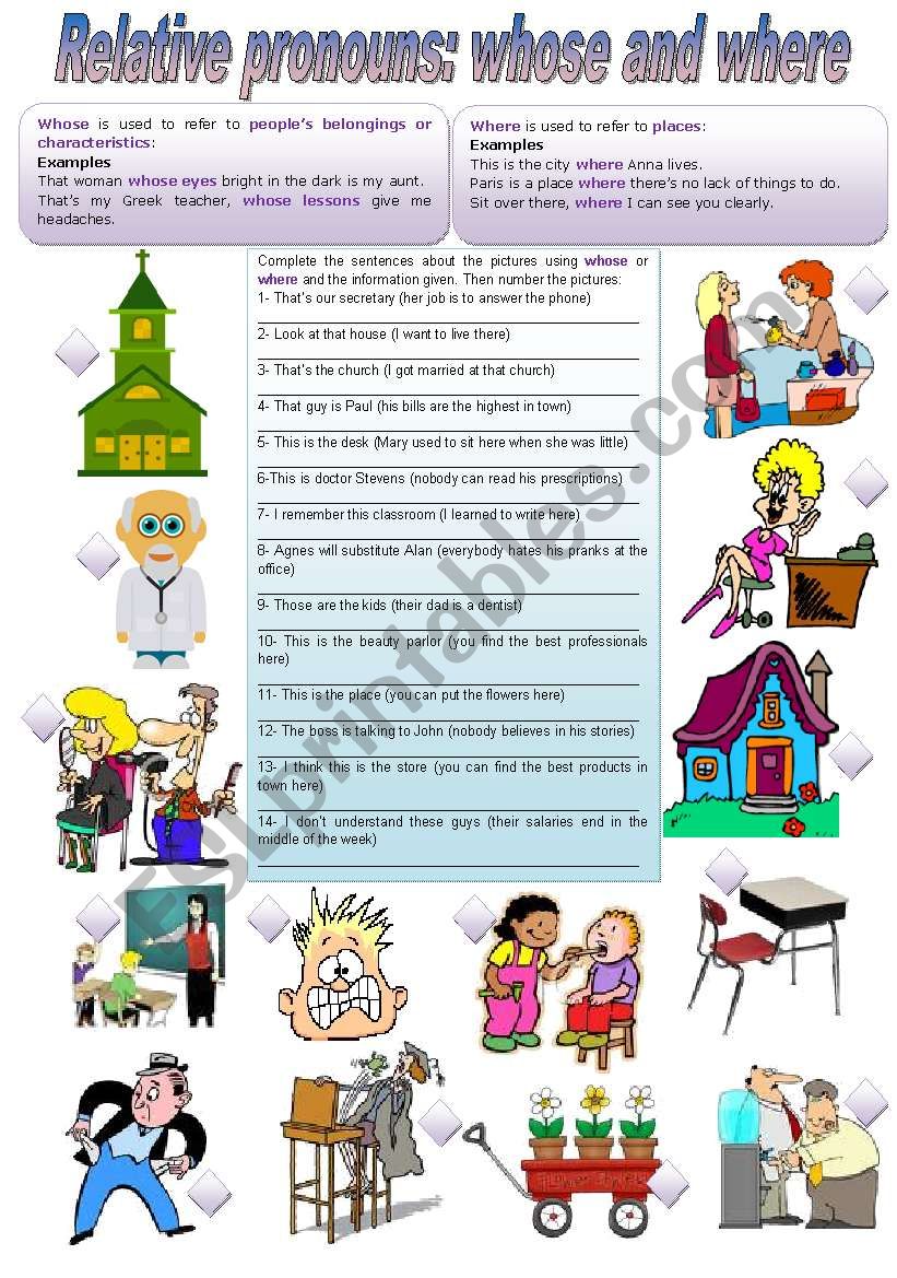 Relative Pronouns: Whose and Where (keys included - completely editable)