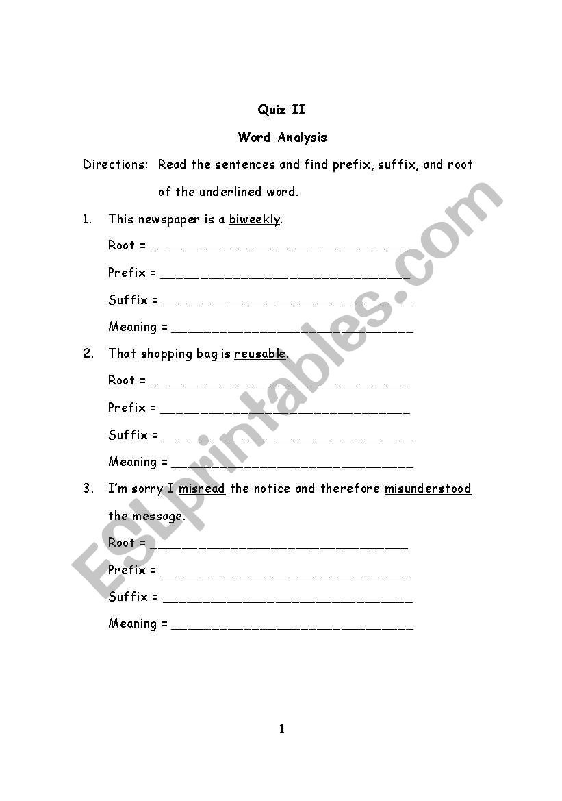 Word analysis quiz worksheet