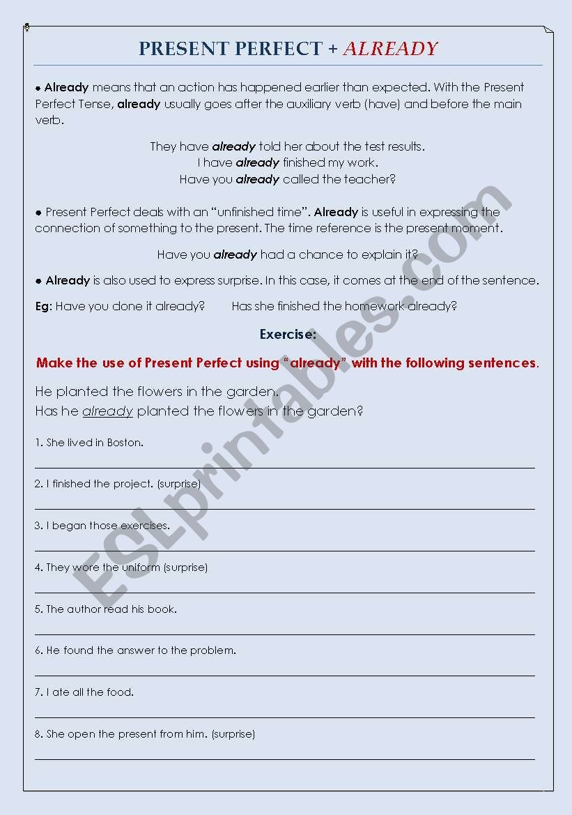 PRESENT PERFECT + ALREADY worksheet