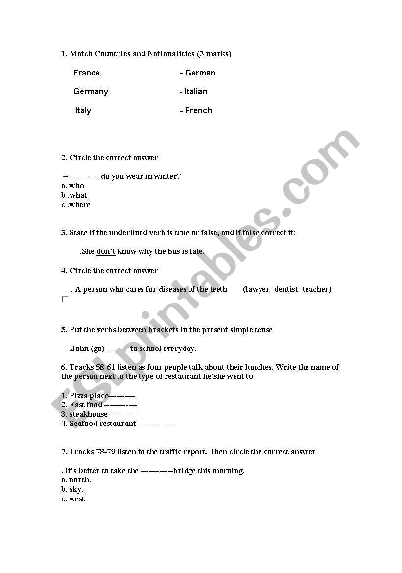test worksheet