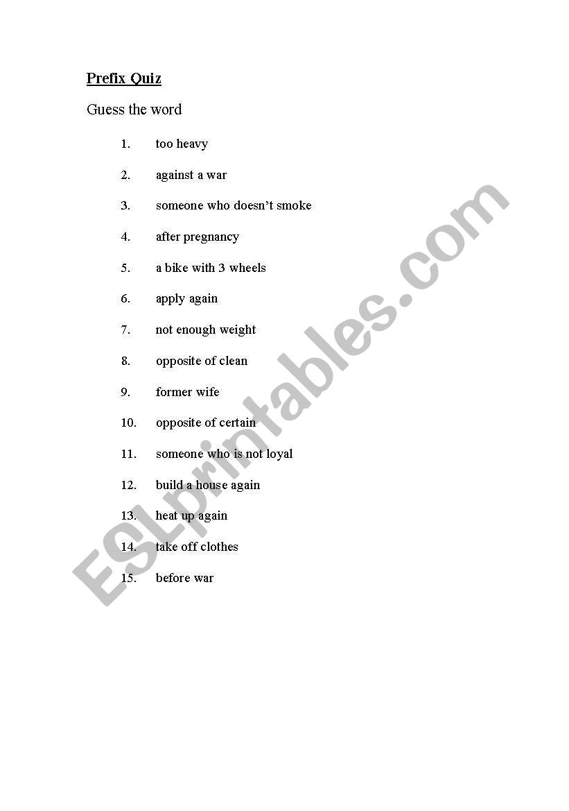 Prefix quiz worksheet