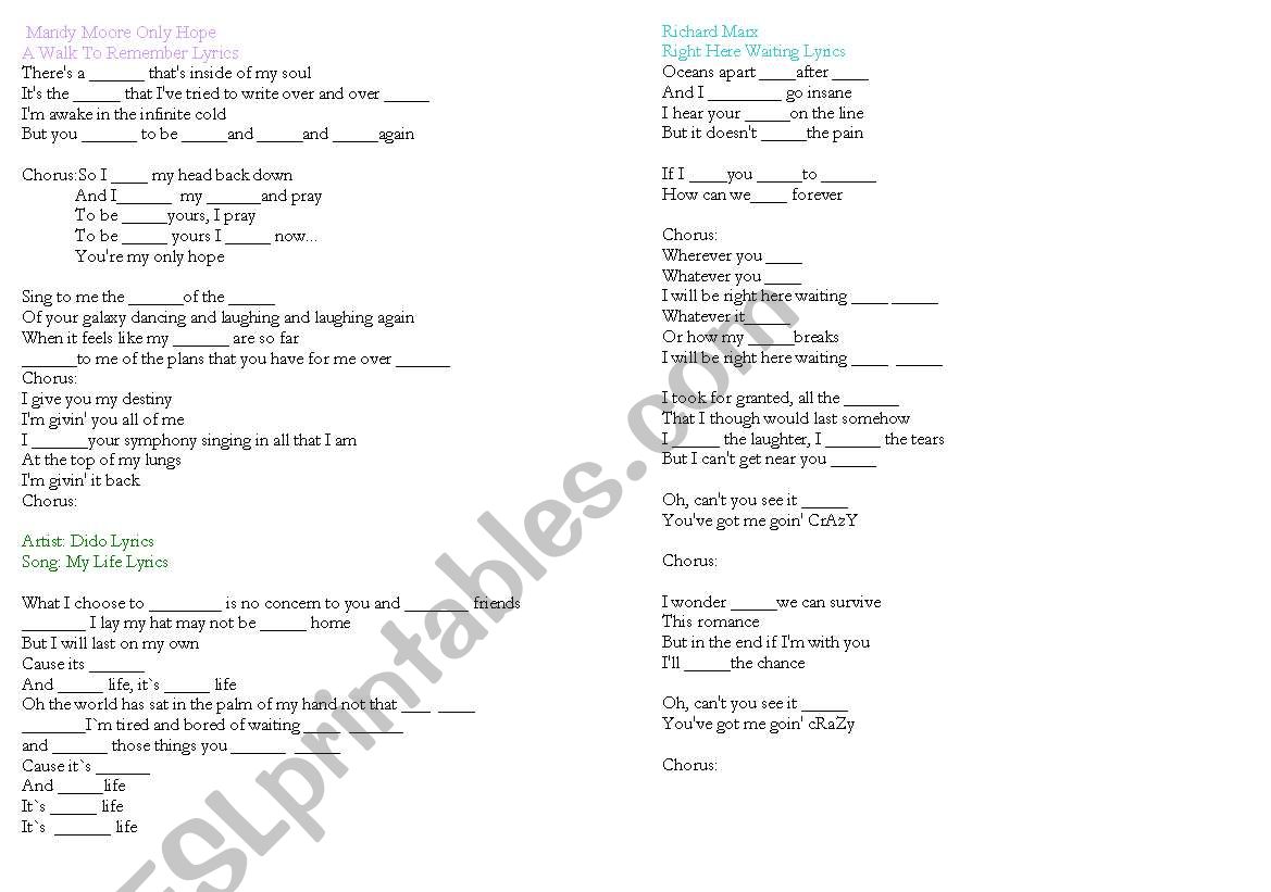 song lyrics worksheet