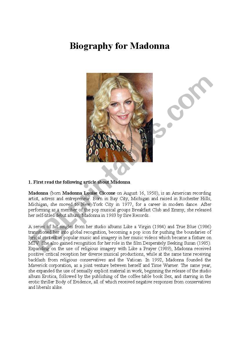 Biography for Madonna worksheet
