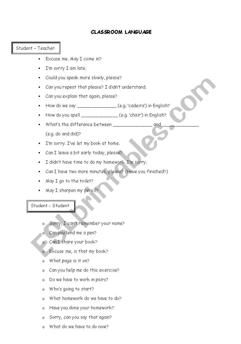 Classroom language worksheet