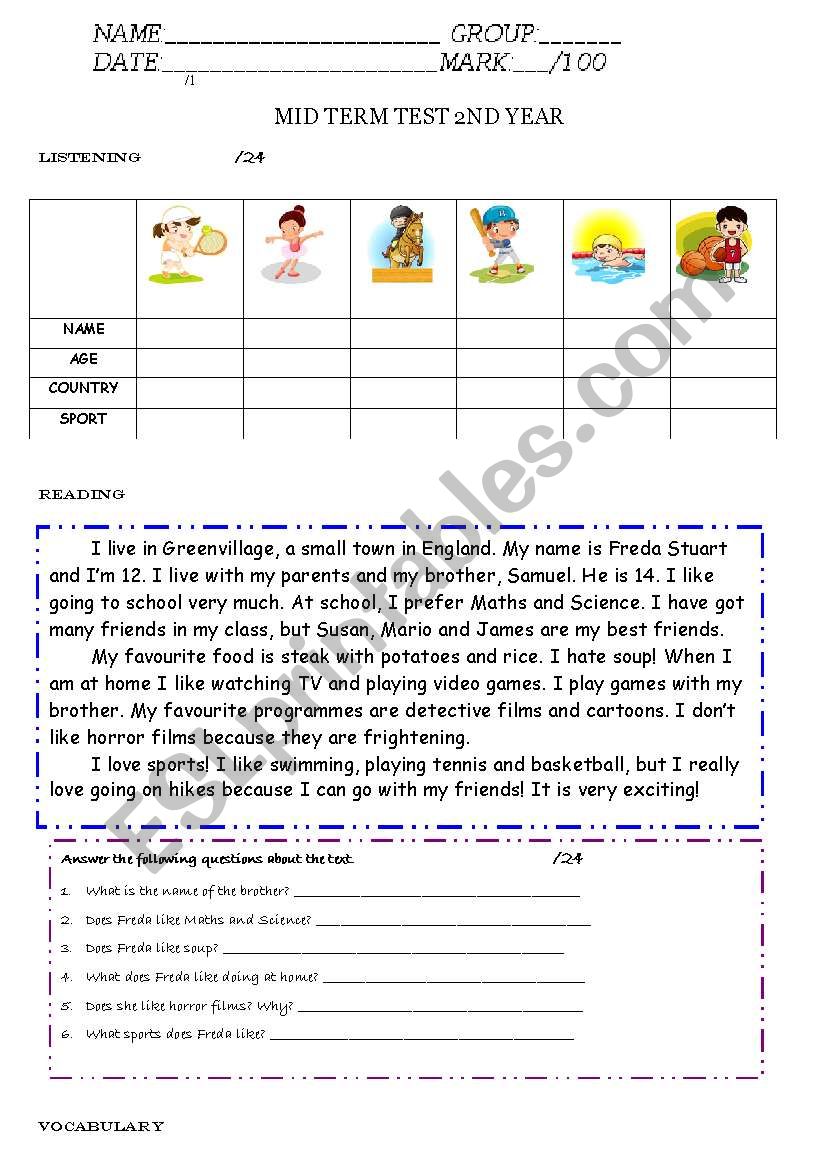 MID TERM TEST 2ND YEAR worksheet