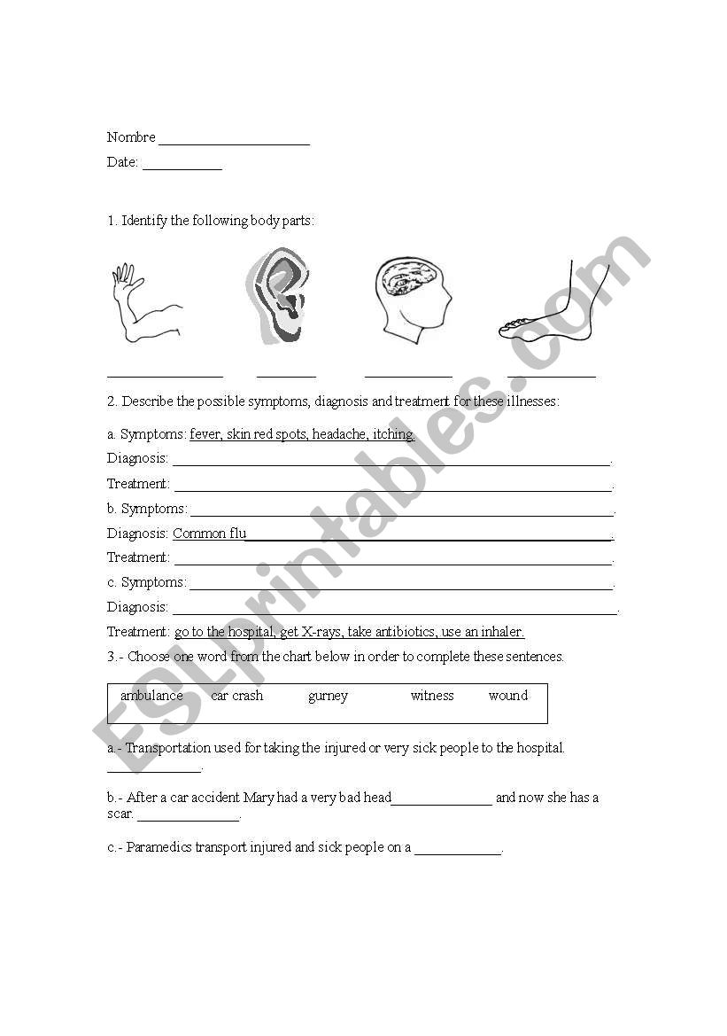 body parts and illnesses worksheet
