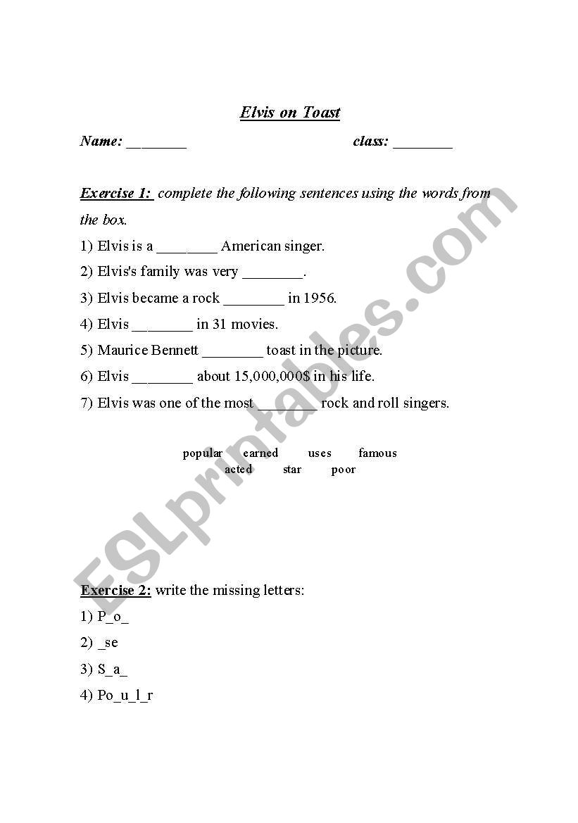 elvis on toast worksheet