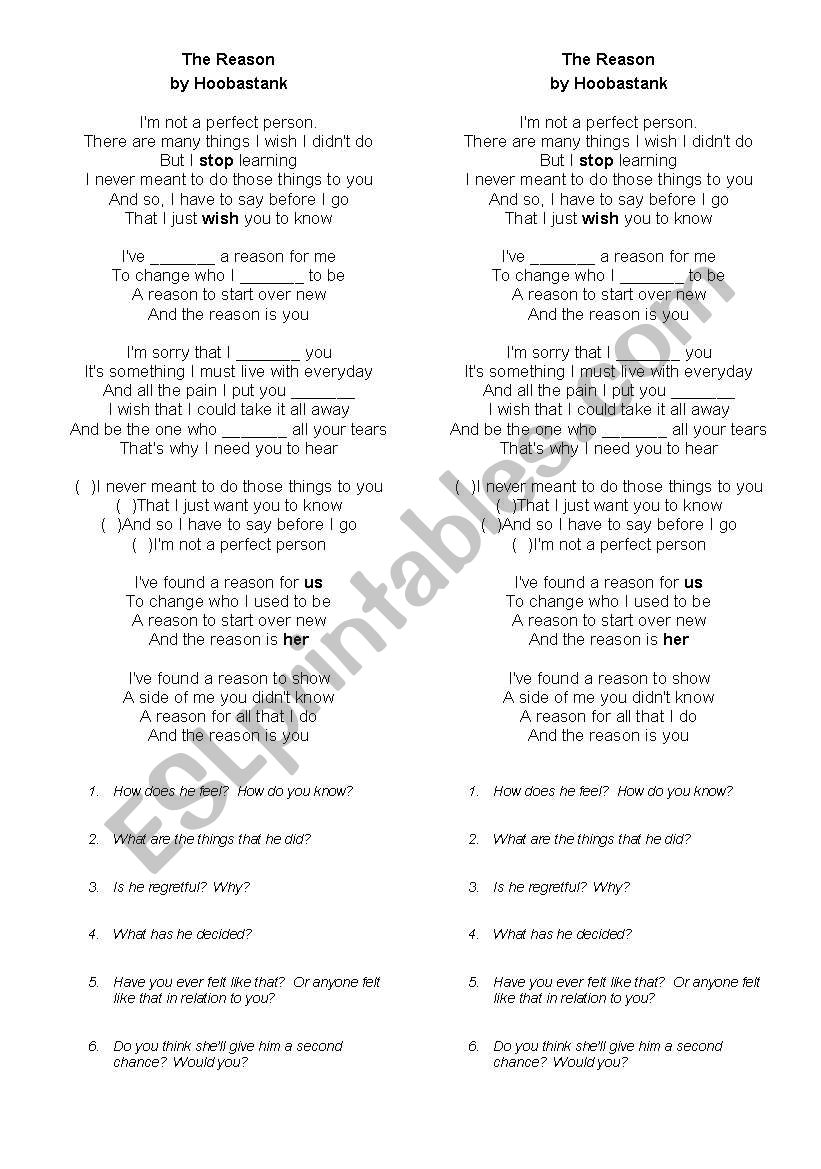 The Reason - Song worksheet