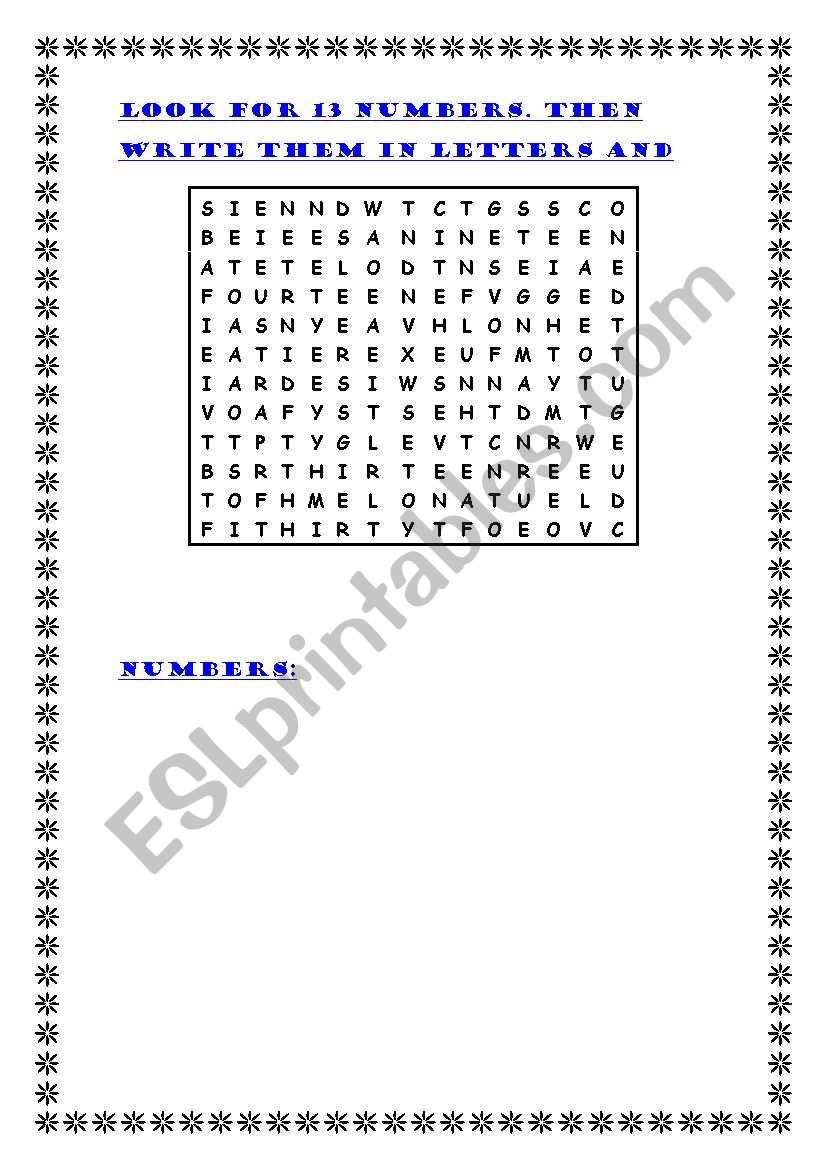 number wordsearch worksheet