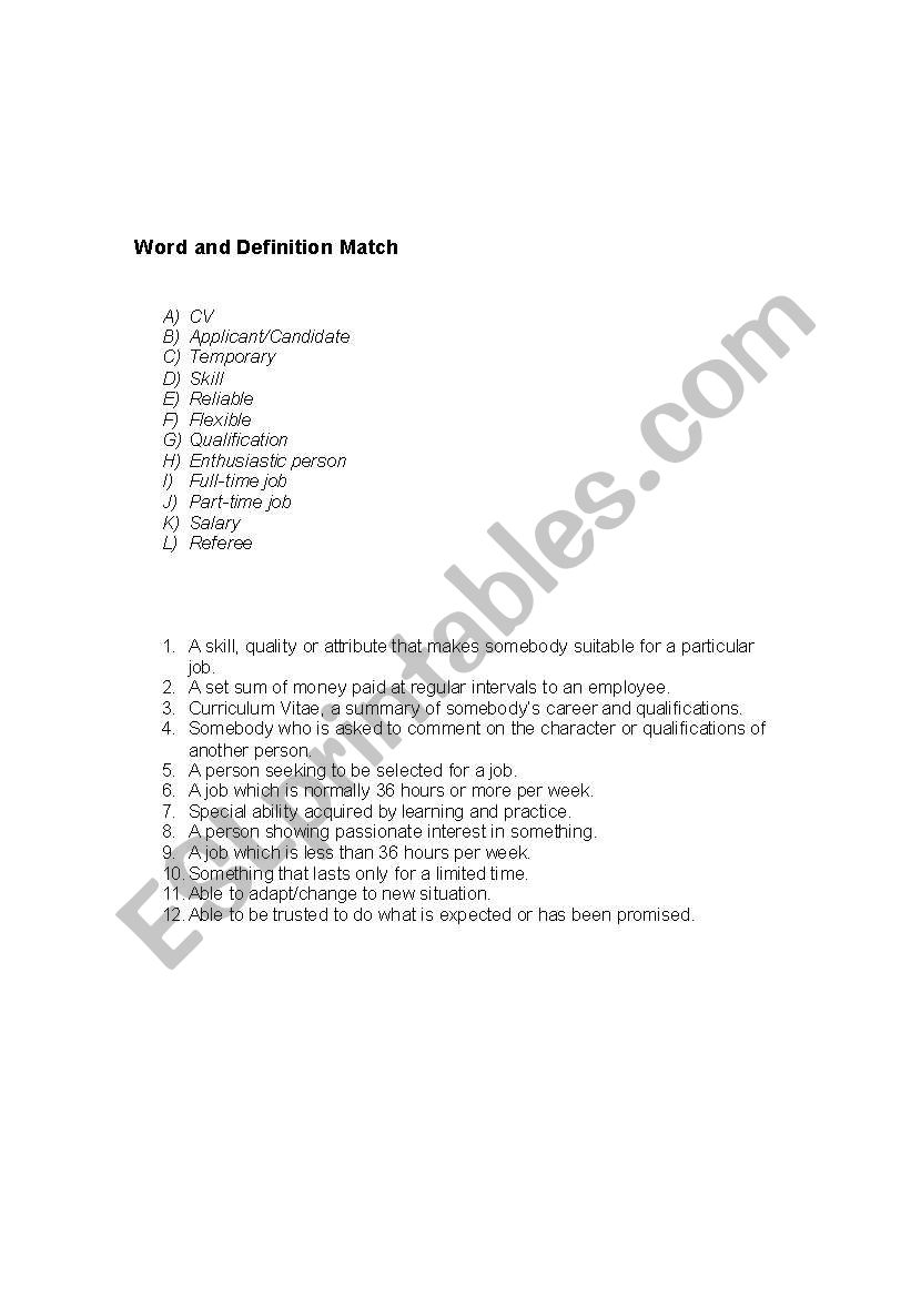 Job: word and definition match