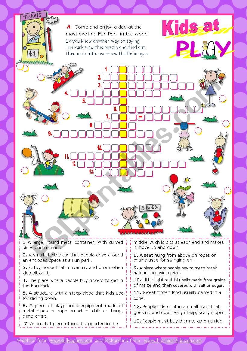 Kids at Play Set (3) Crossword Puzzle for Upper elementary or Lower