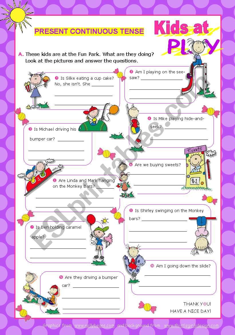 Kids at Play Set (4)  -  Answering questions using the Present Continuous Tense 