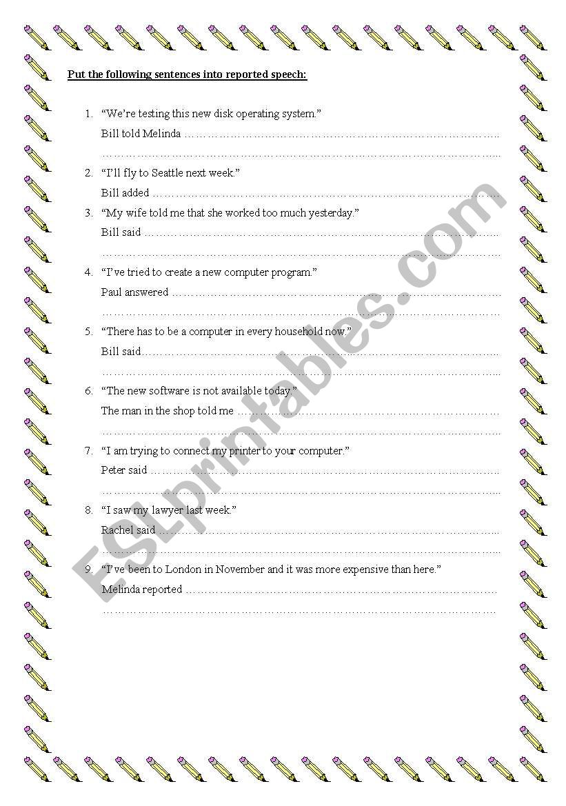 Reported Speech exercise worksheet