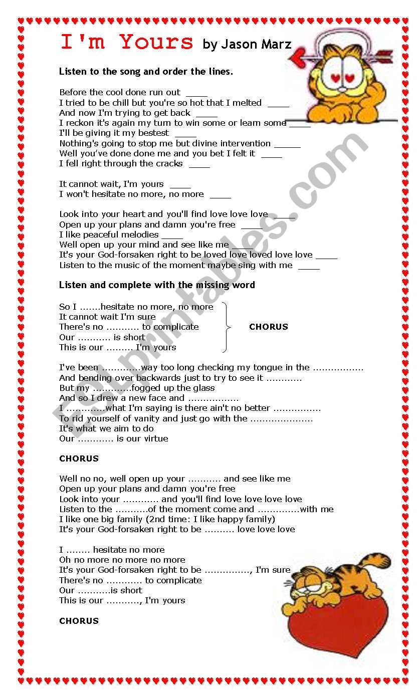 Im yours by Jason Mraz worksheet