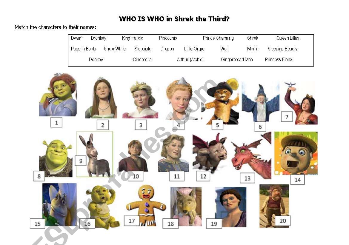 Who is who in Shrek the Third worksheet