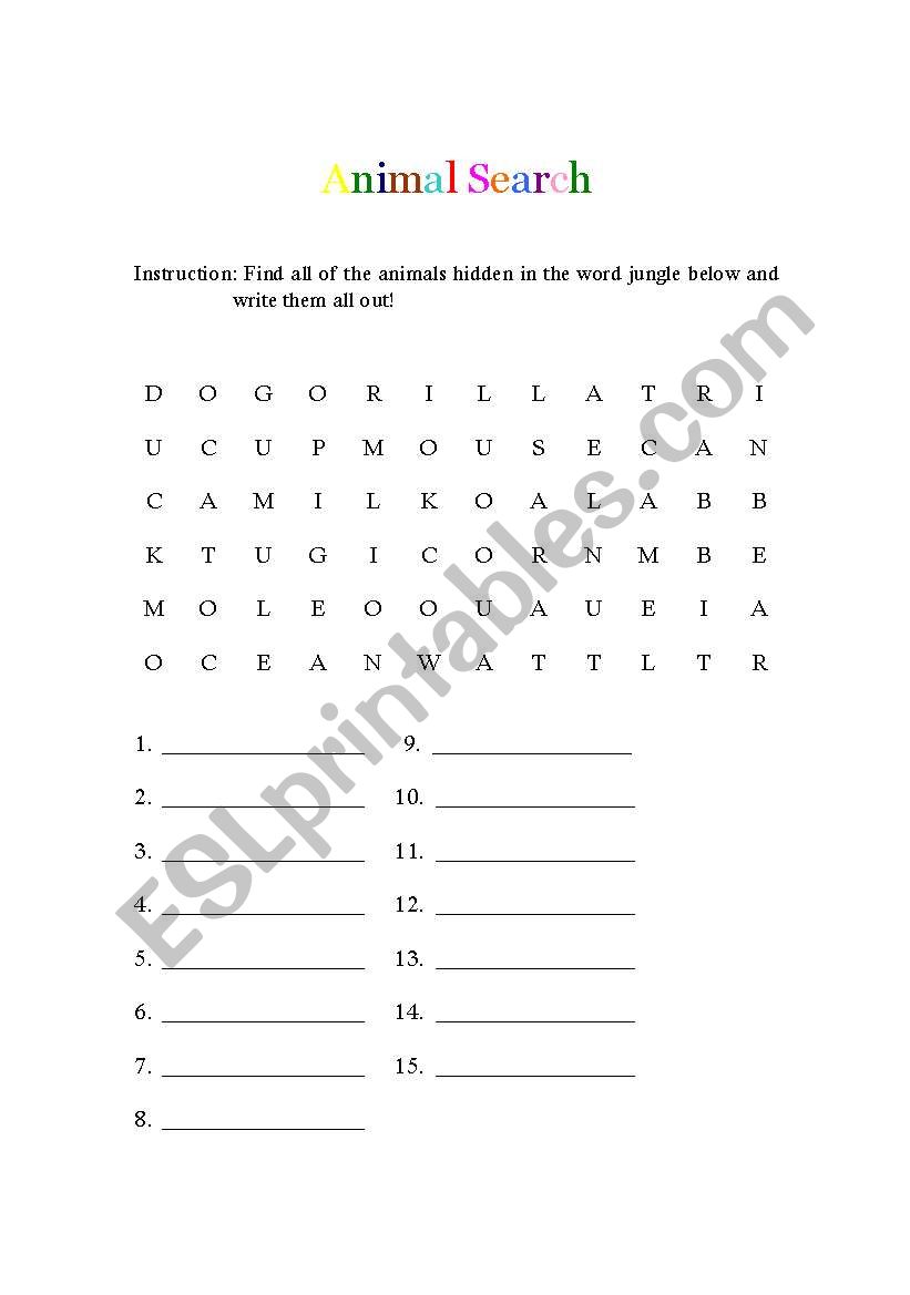 Animal Search worksheet