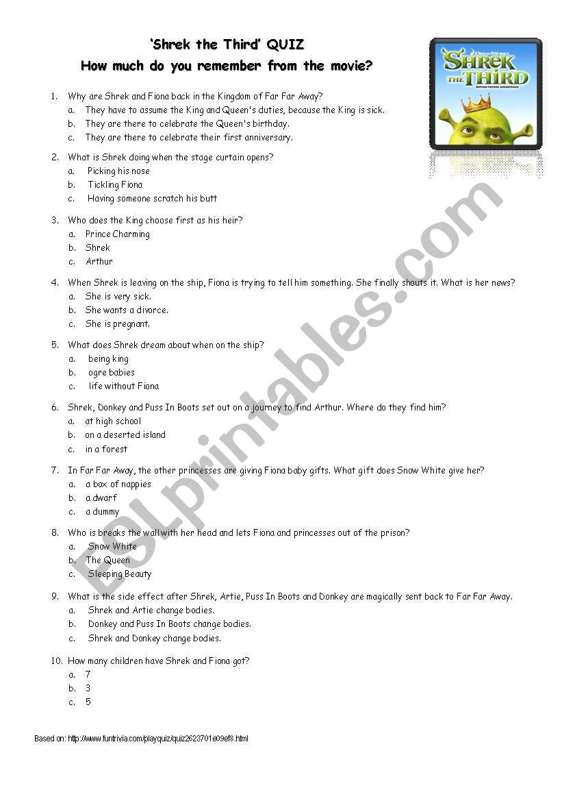 Shrek the Third Qiuz worksheet