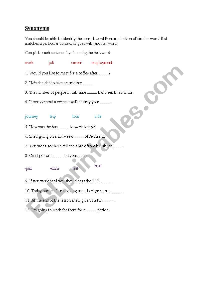 SYNONYMS worksheet