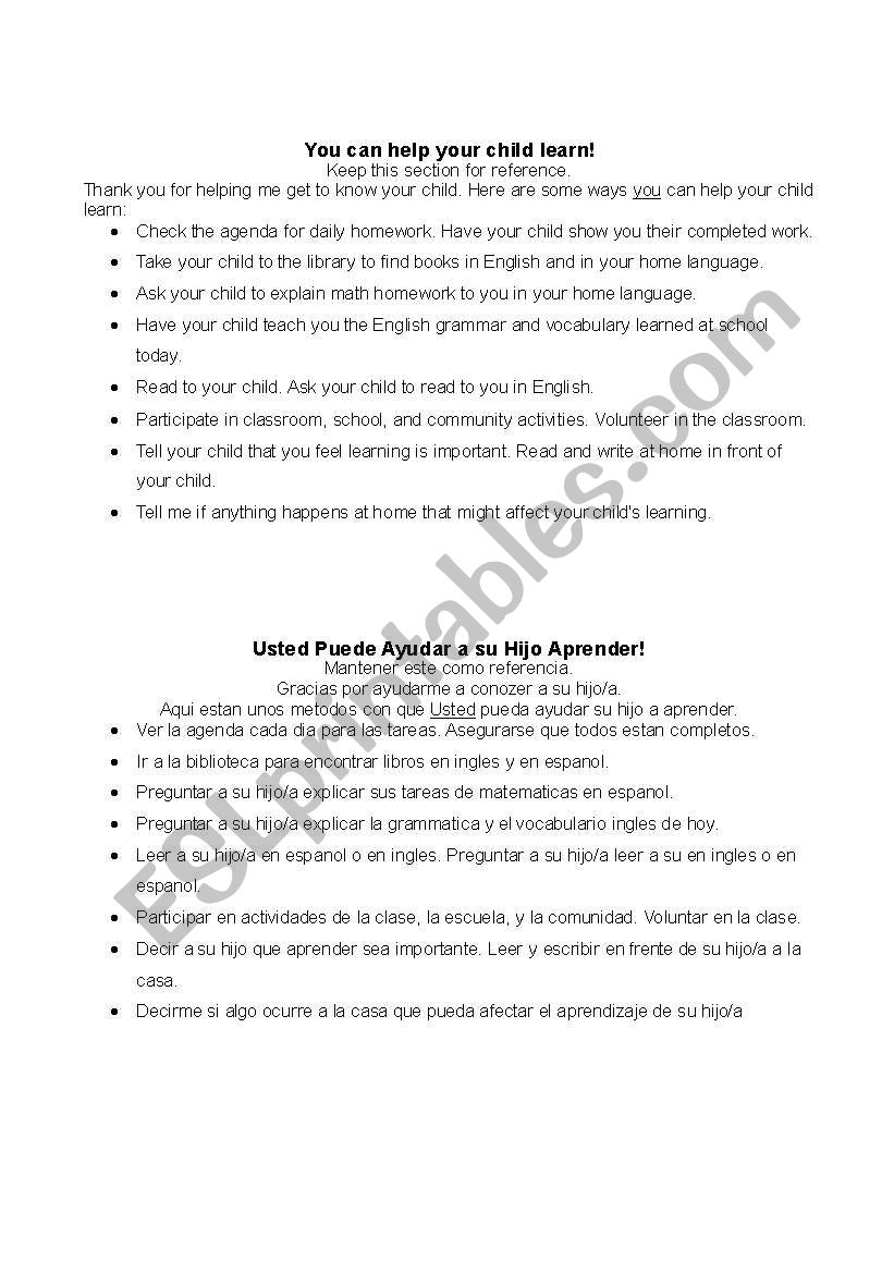 Parent Note - You Can Help Your Child Learn! English/Spanish