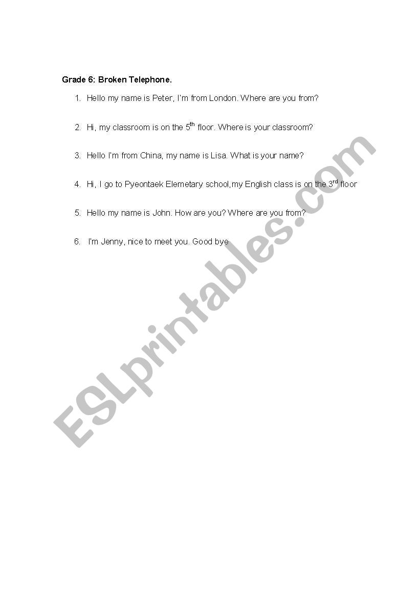 Broken telephone sentences worksheet
