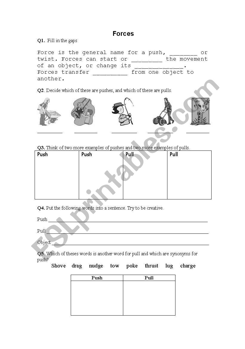 Forces, pushes and pulls worksheet