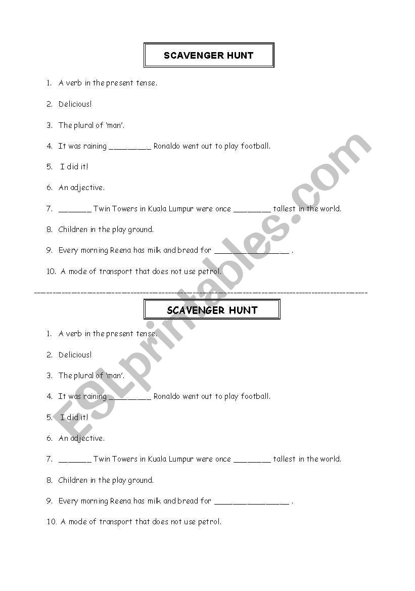 scavanger hunt worksheet