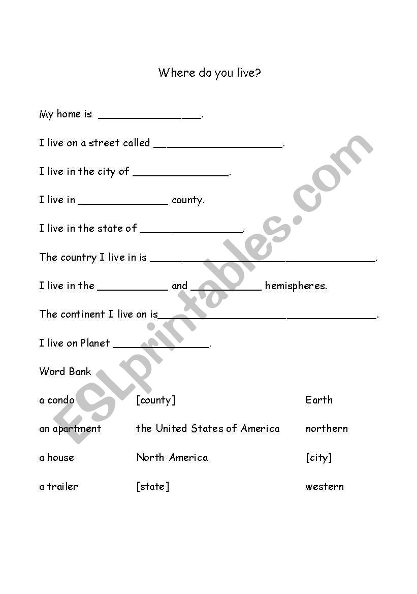 Where do you live? worksheet