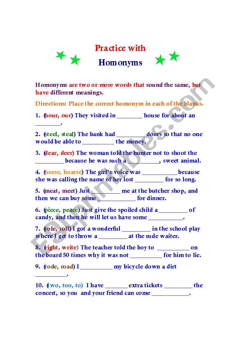 Homonym Practice worksheet
