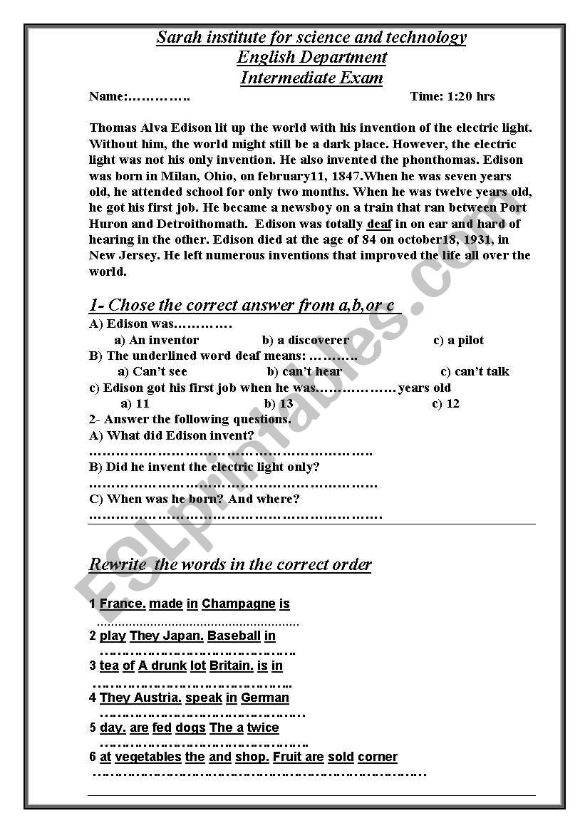 pre-intermediate worksheet