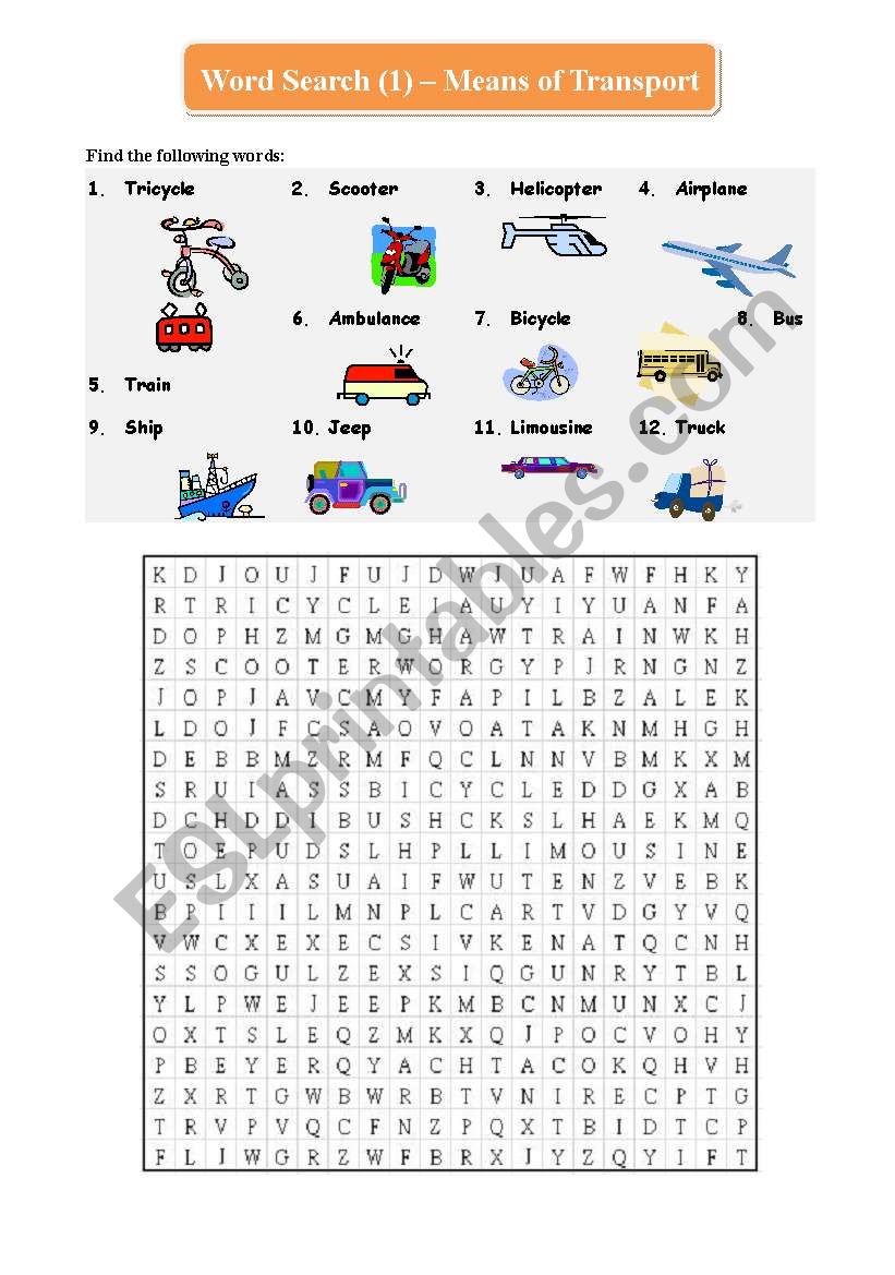 Word Search (1) - Means of Transport