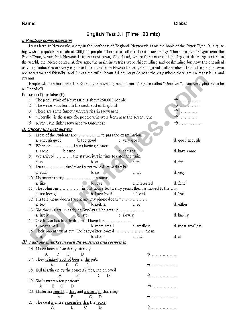 English test worksheet