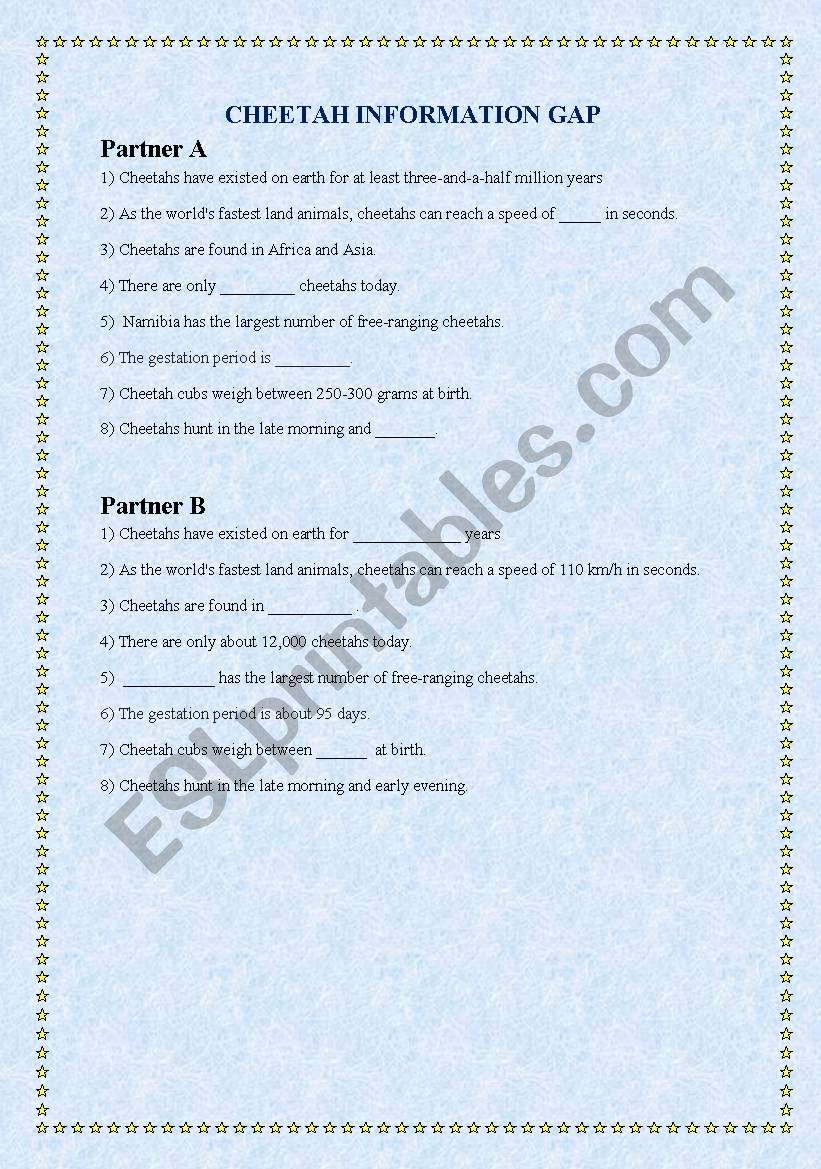 Cheetah information gap worksheet