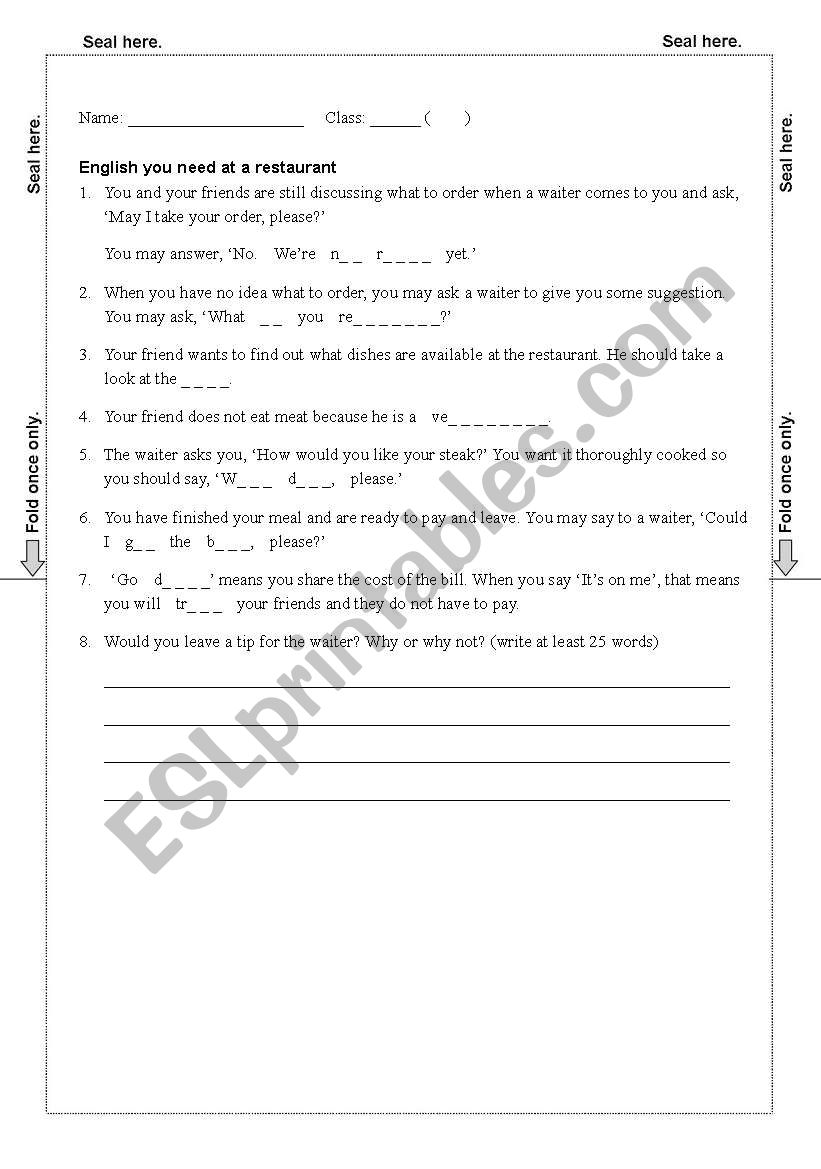 Restaurant language worksheet