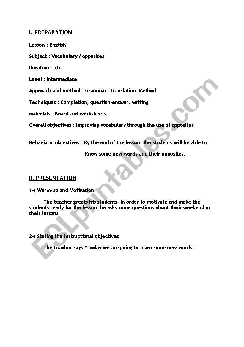 a plan for vocabulary lesson worksheet