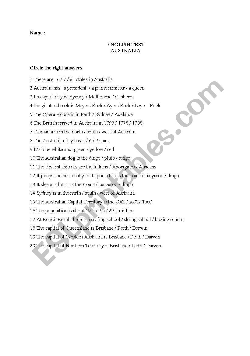 australia worksheet