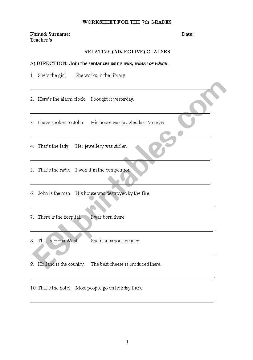 Relative Clause worksheet