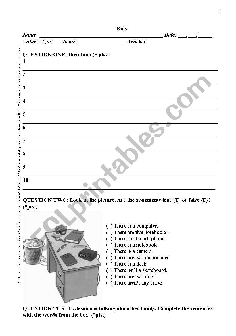 Test for young students worksheet