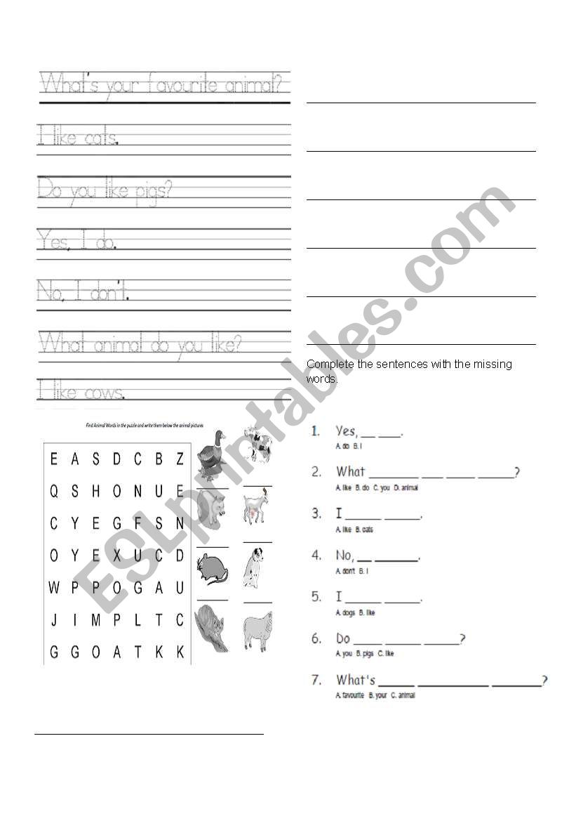 Animals worksheet