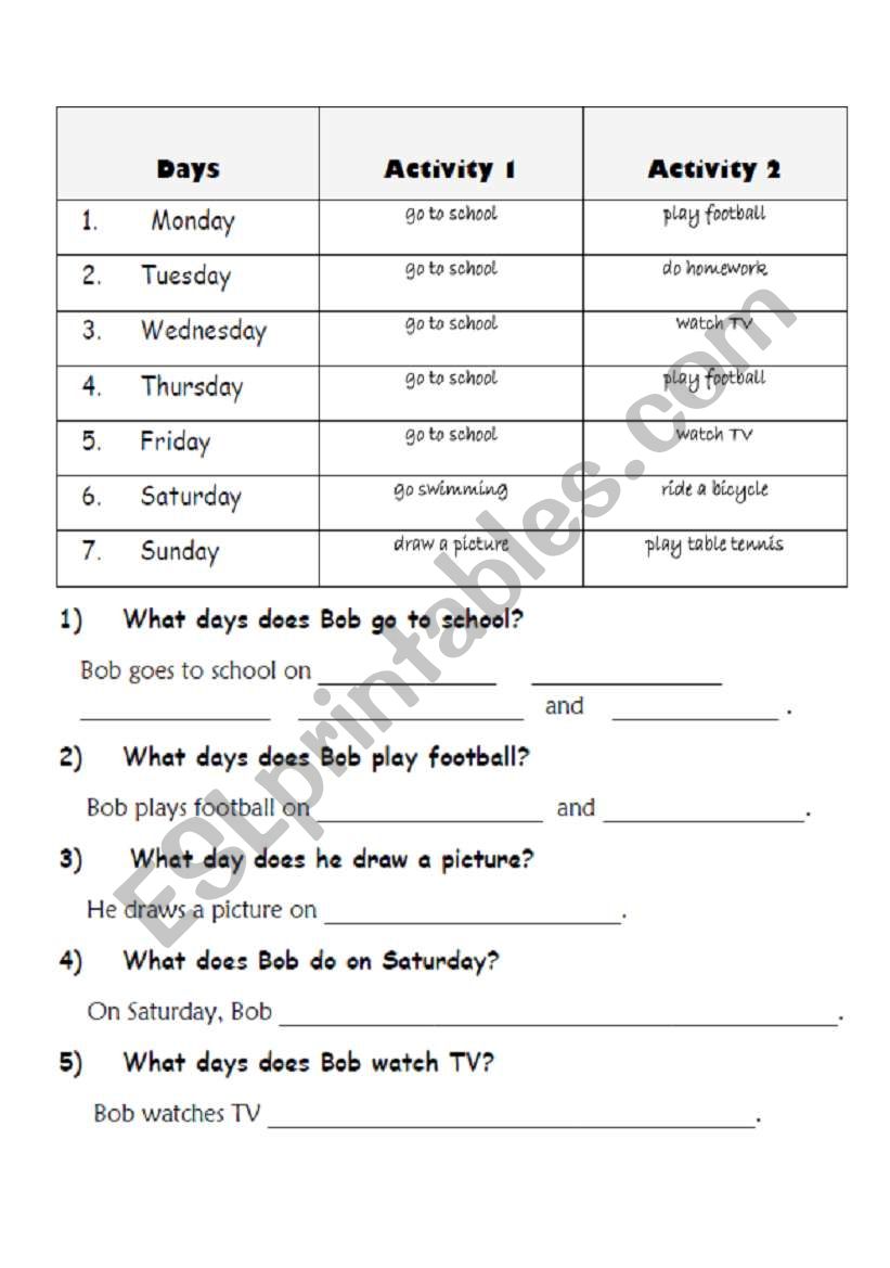 Days of the week worksheet