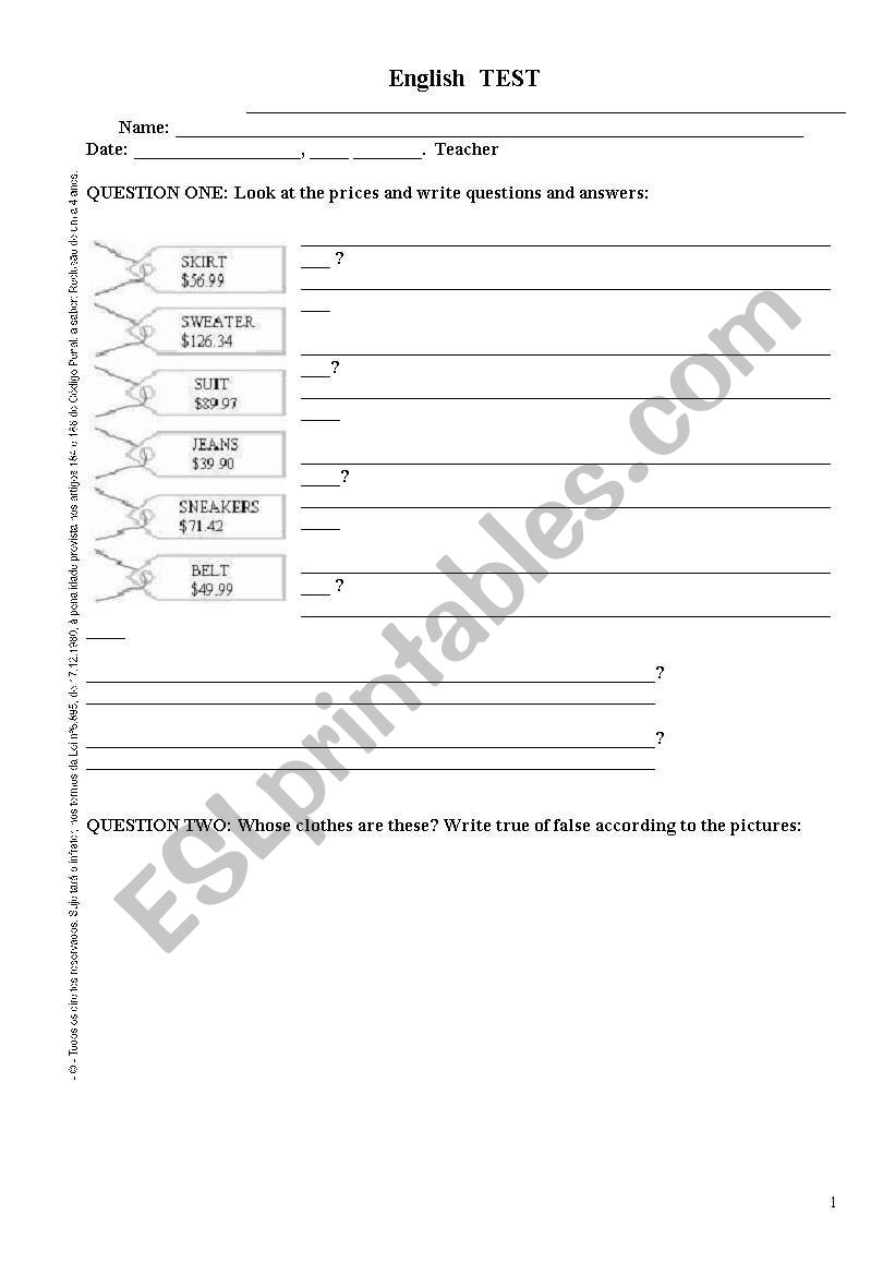 Test for young students worksheet