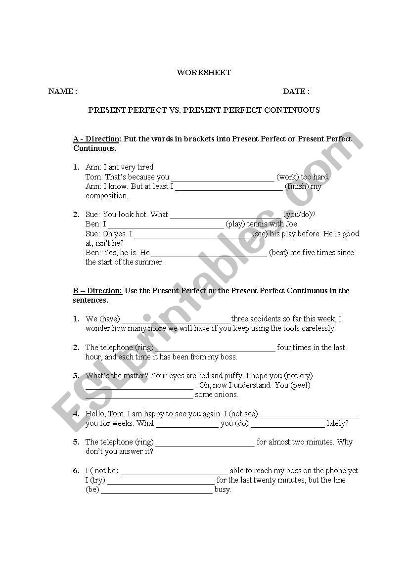 Present Perfect & Continuous worksheet